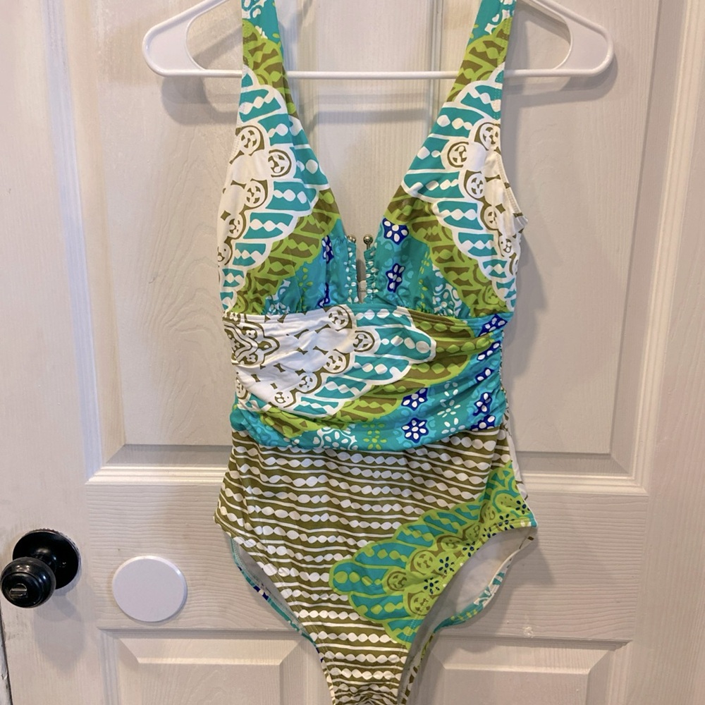 Lauren Ralph Lauren teal white brown print swimsuit size 6
